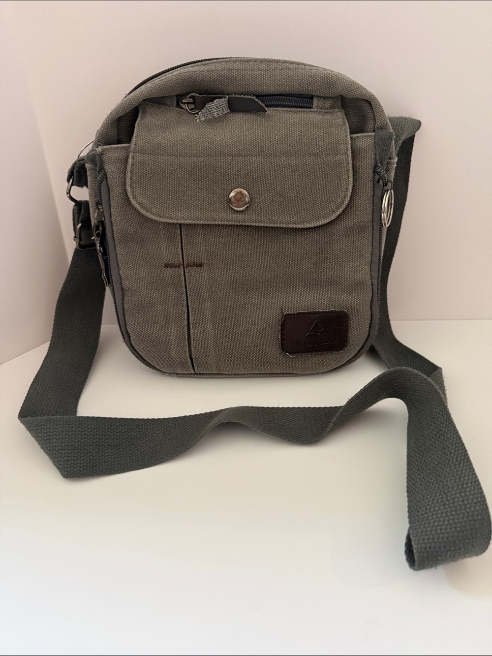 Oulilai Gray Canvas Crossbody Messenger Utility Bag Multi Pocket Travel Unisex